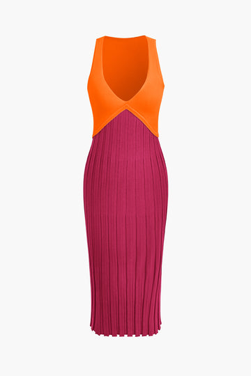 Patchwork V-Neck Tank Knit Midi Dress