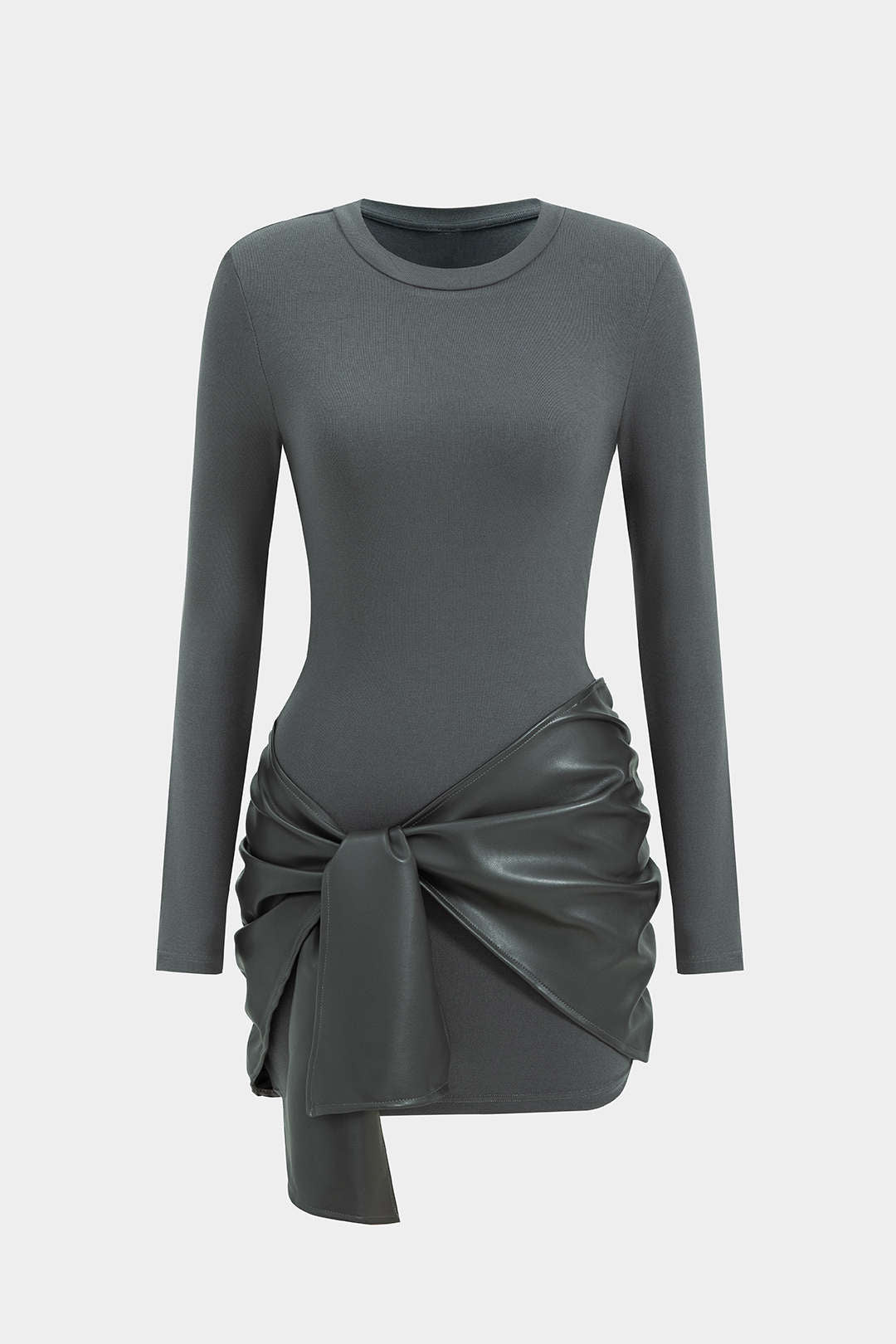 Faux Leather Patchwork Tie Front Round Neck Ruched Mini Dress