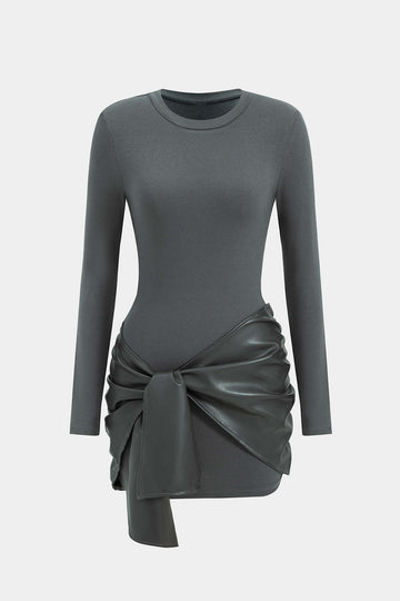 Faux Leather Patchwork Tie Front Round Neck Ruched Mini Dress