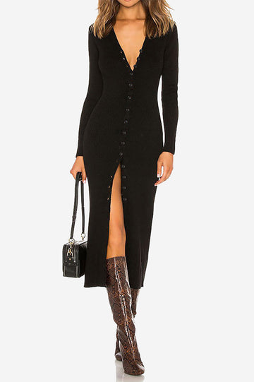 Button Up Ribbed Knit Long Sleeve Maxi Dress