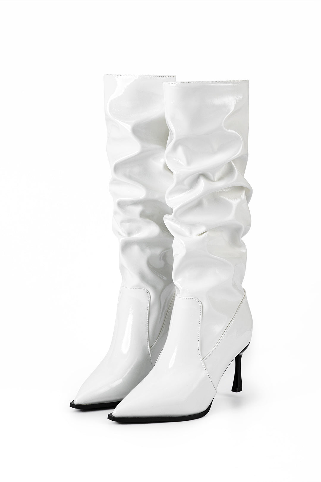 Faux Leather Ruched Pointed Toe Knee High Boots