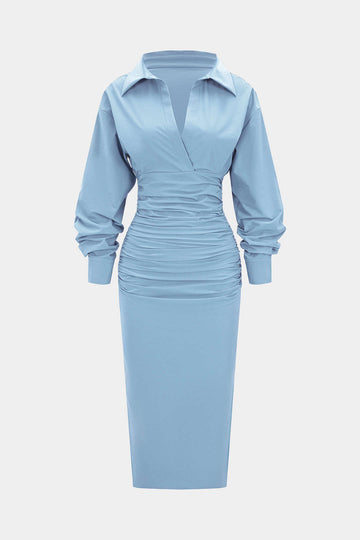 Solid Ruched Long Sleeve Midi Dress Micas Solid Ruched Long Sleeve Midi Dress Micas
