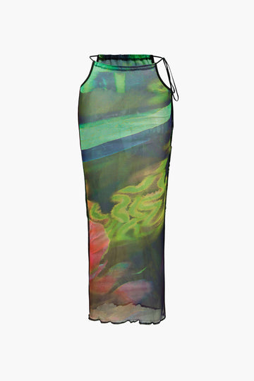 Abstract Print Knot Strapless Top And Cut Out Midi Skirt Set