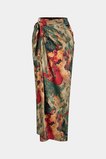 Satin Floral Print Tie Front Skirt