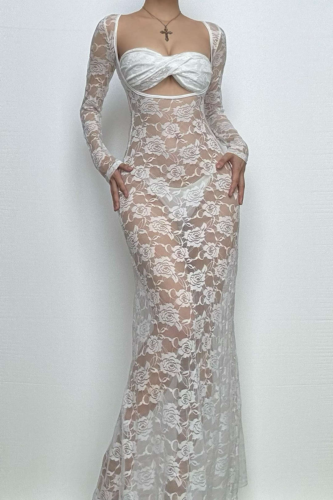 Sheer Lace Twisted Cut Out Maxi Dress