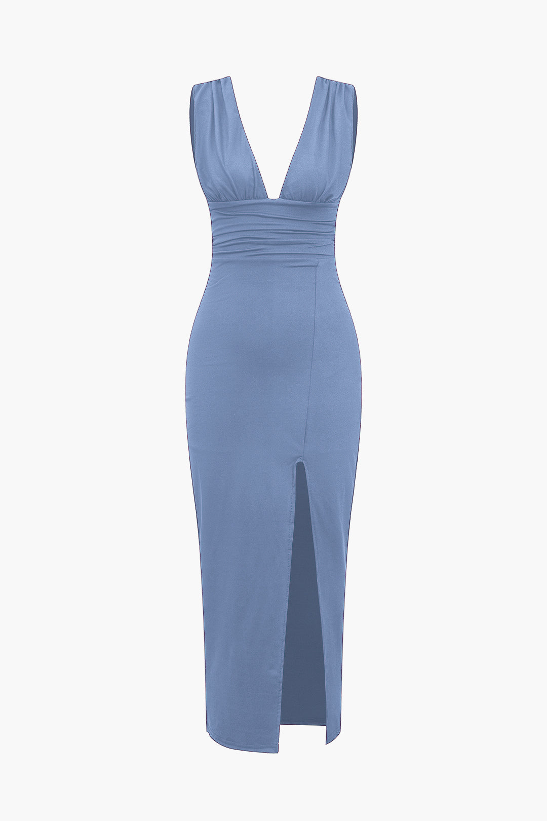 Solid Backless Ruched Slit Midi Dress