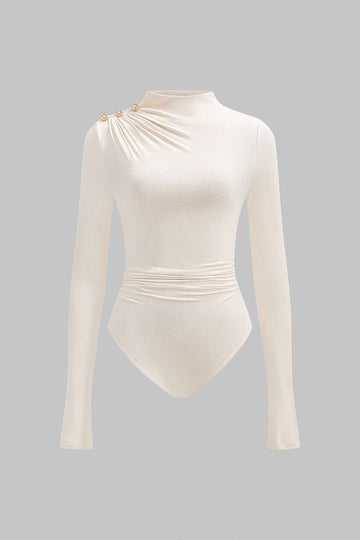 Asymmetrical Button Ruched Long Sleeve Bodysuit