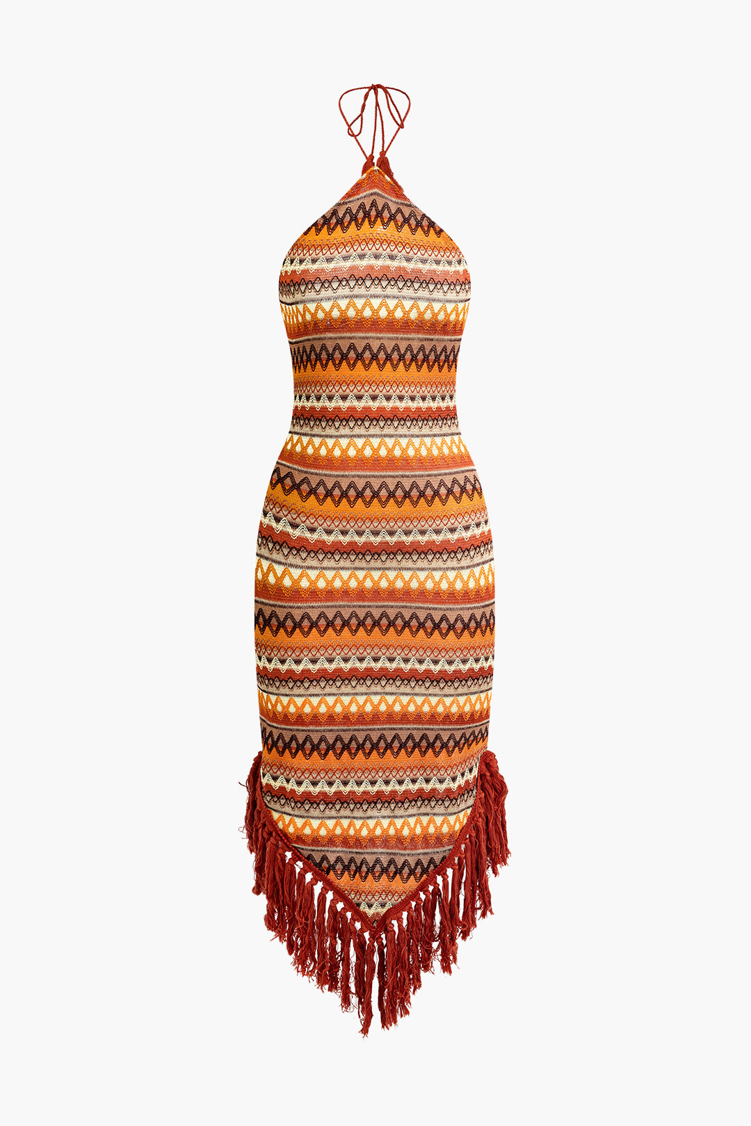 Fringe and Colorful Pattern Bohemian Halter Midi Dress