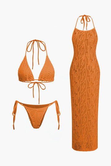 Textured Halter Neck Bikini And Open Knit Cover Up Set