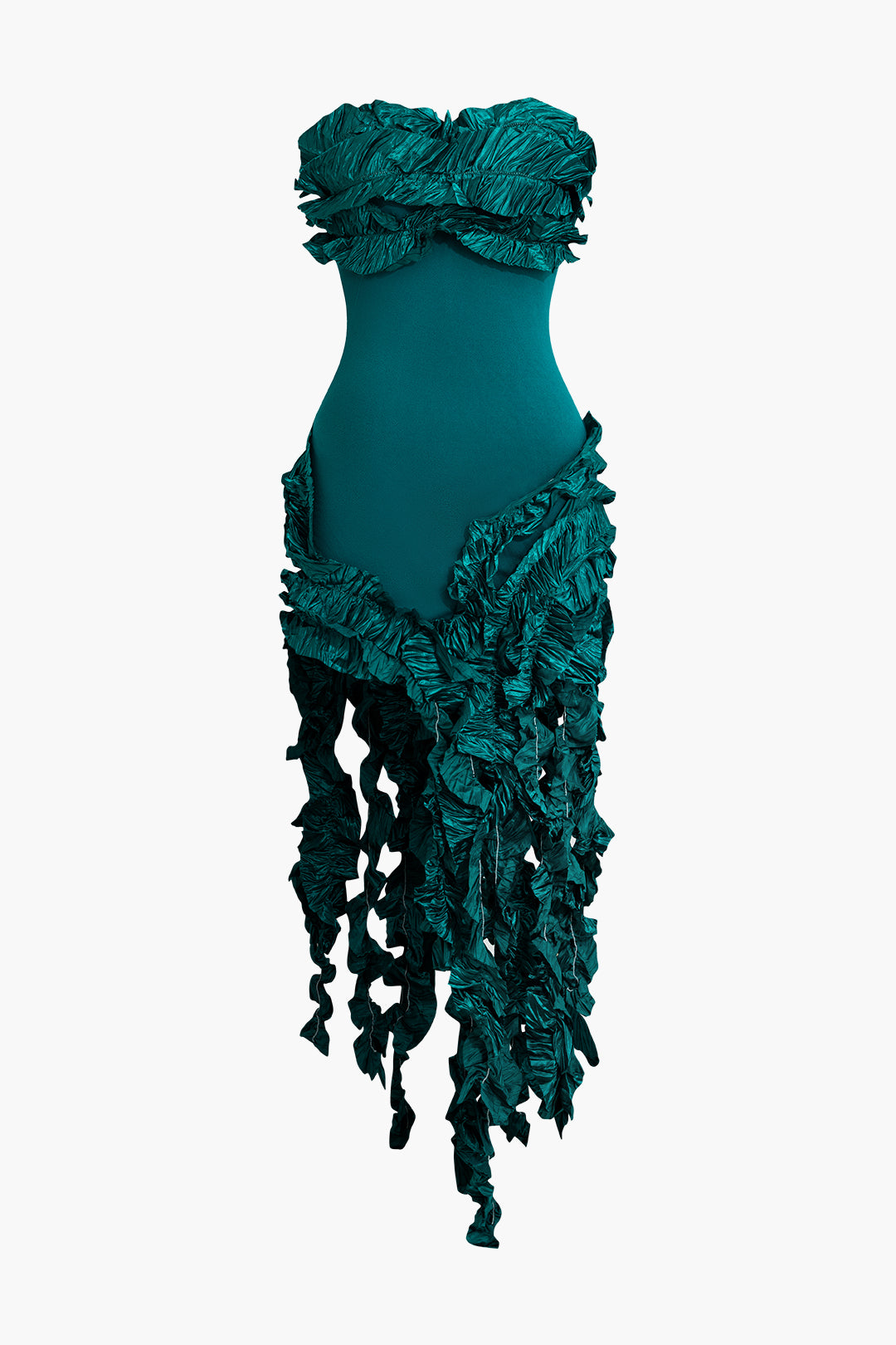 Ruffled Fringe Strapless Midi Dress