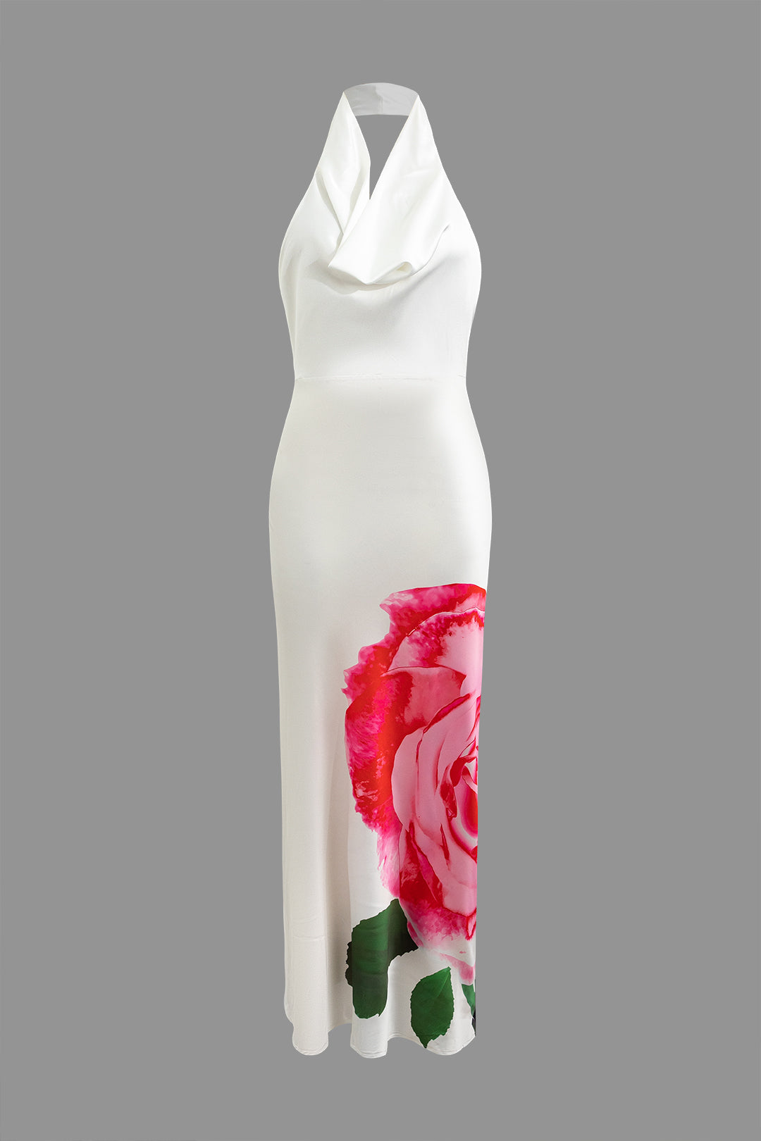 Floral Print Satin Cowl Neck Halter Backless Maxi Dress