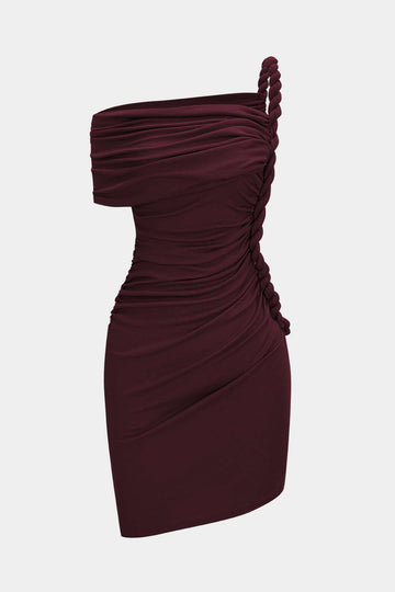 Ruched Twist Knot One Shoulder Short Sleeve Mini Dress