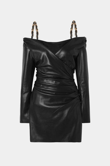 Faux Leather Chain Off Shoulder Long Sleeve Mini Dress