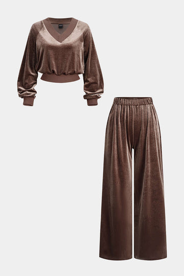 Velvet Patchwork V-Neck Long Sleeve Top And Shirred Waistband Wide-Leg Pants Set