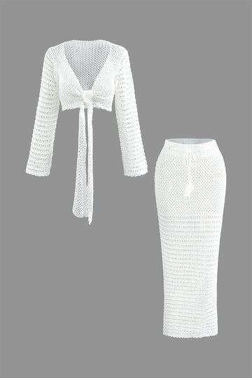 Crochet Open Knit Knot Front Crop Top And Tie Waist Skirt Set