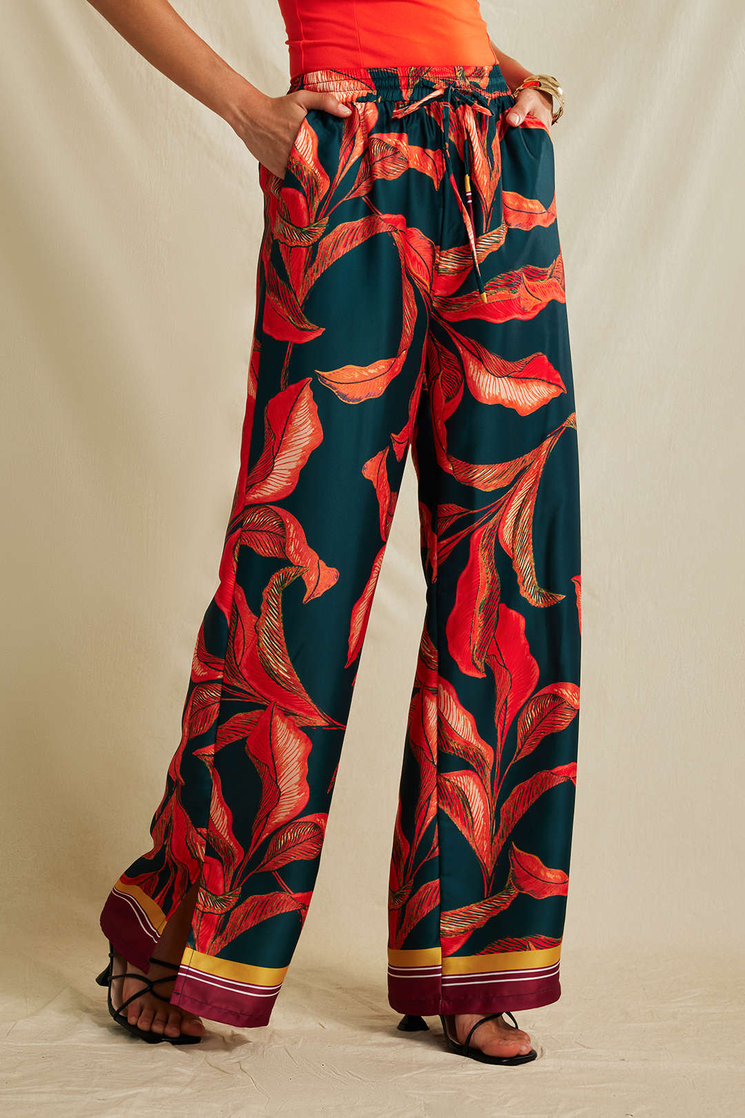 Leaf Print Drawstring Wide Leg Pants