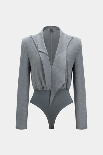 Notched Lapel Asymmetrical Long Sleeve Bodysuit