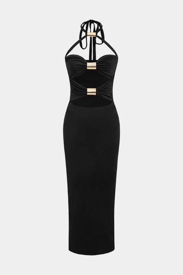 Solidu Metalliku Cut Out Halter Tie Back Maxi Dress