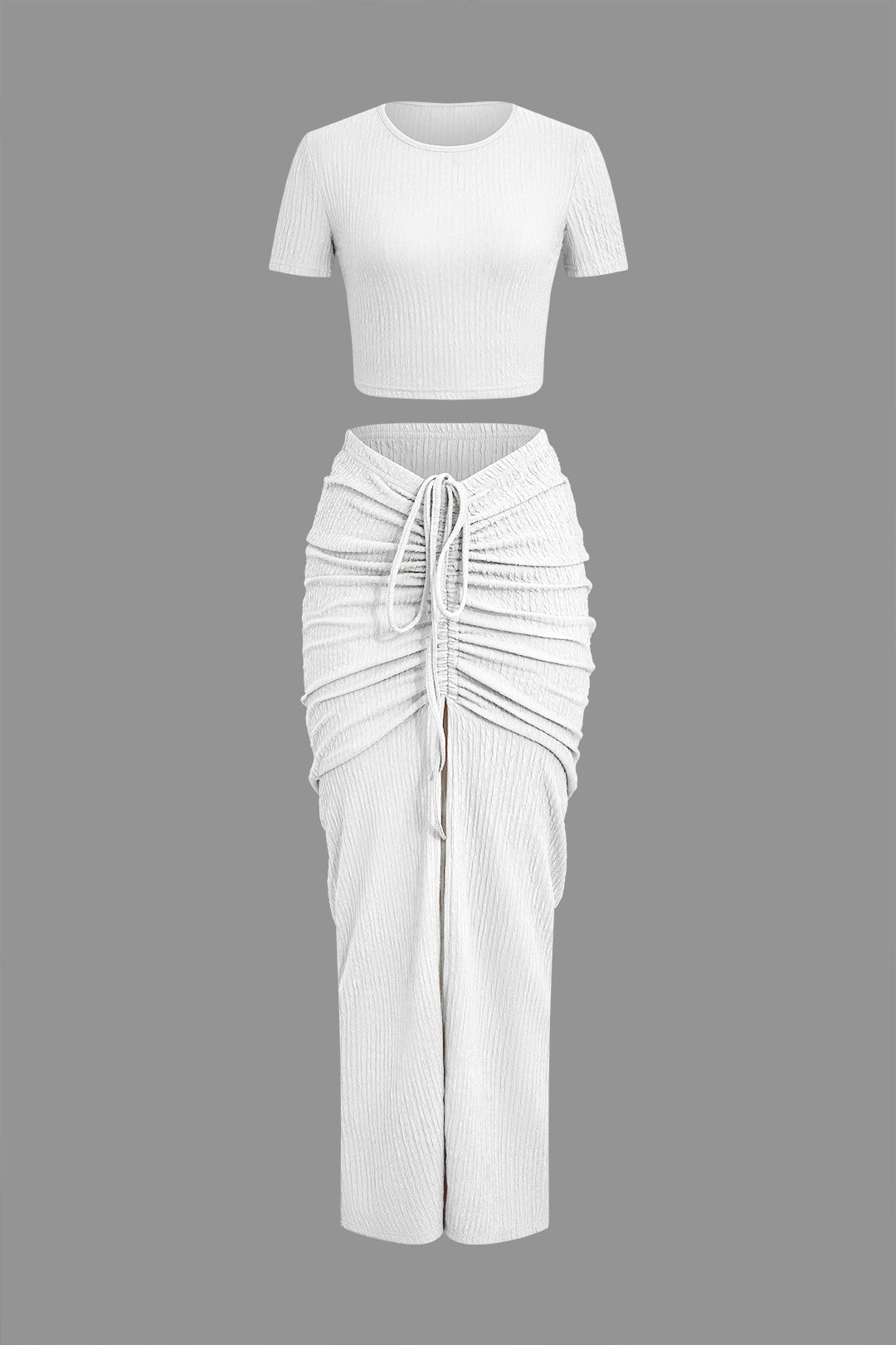 Textured Crop Top And Drawstring Ruched Skirt Set