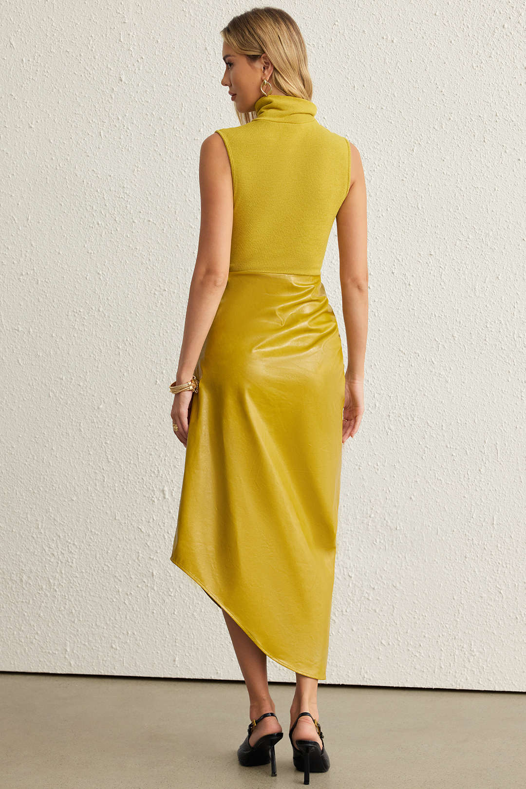 Faux Leather Patchwork High Neck Pleated Sleeveless Maxi Dress