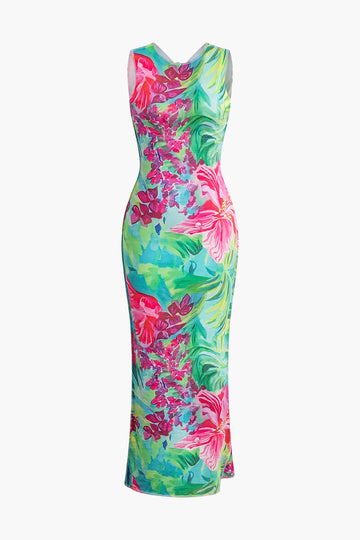Tropical Floral Print Sleeveless Bodycon Maxi Dress