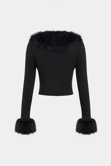 Faux Fur Collar Button Long-Sleeve Top