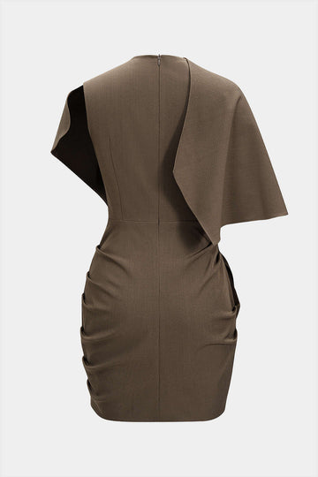 Metallic Ruched Zipper Asymmetrical Short Sleeve Mini Dress