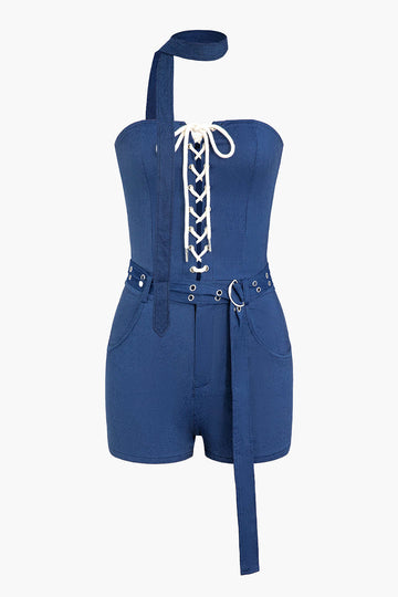 Lace-up Belted Denim Strapless Romper With Scarf