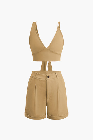 Solid Knot V-neck Cami Top And Shorts Set
