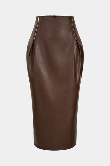 Faux Leather Zipper High Waist Skirt