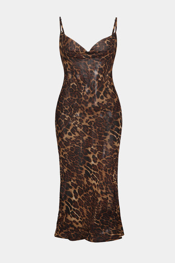 Plus Size Leopard Print Draped Cowl Neck Slip Midi Dress