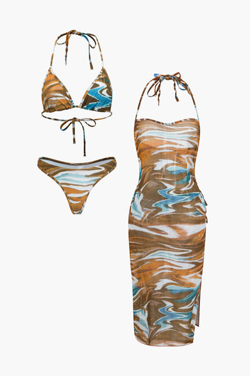 Abstract Print Tie Halter Bikini And Slit Midi Dress Swimsuit Set