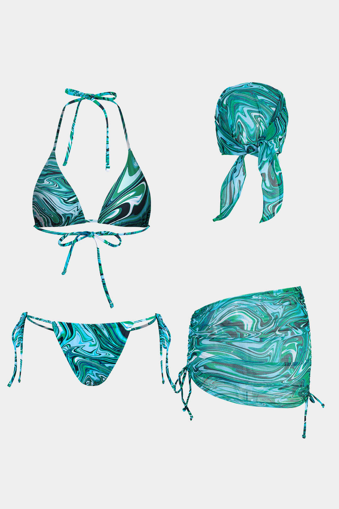 Abstract Print Mesh Four-Piece Swimsuit Set