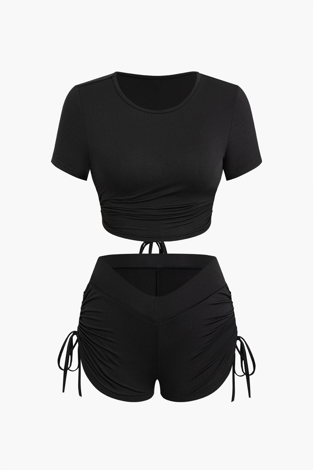 Solid Ruched Drawstring Two-Piece Shorts Set