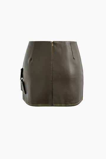 Faux Leather Belt Zipper Mini Skirt
