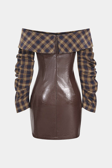 Faux Leather Patchwork Plaid Print Off Shoulder Zipper Long Sleeve Mini Dress