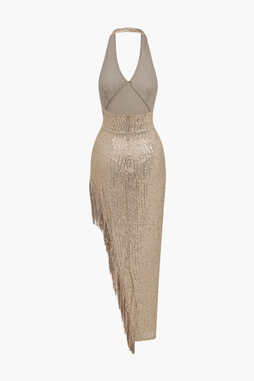 Backless Fringe Sequin Midi Dress