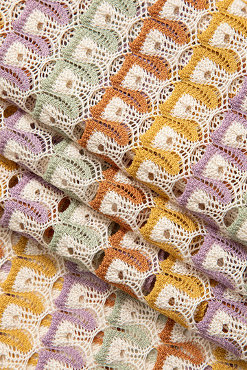 Colorblock Crochet Knit Keyhole V-neck Slit Long Sleeve Maxi Dress