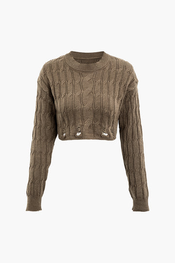 Destroyed Round Neck Cable Knit Top