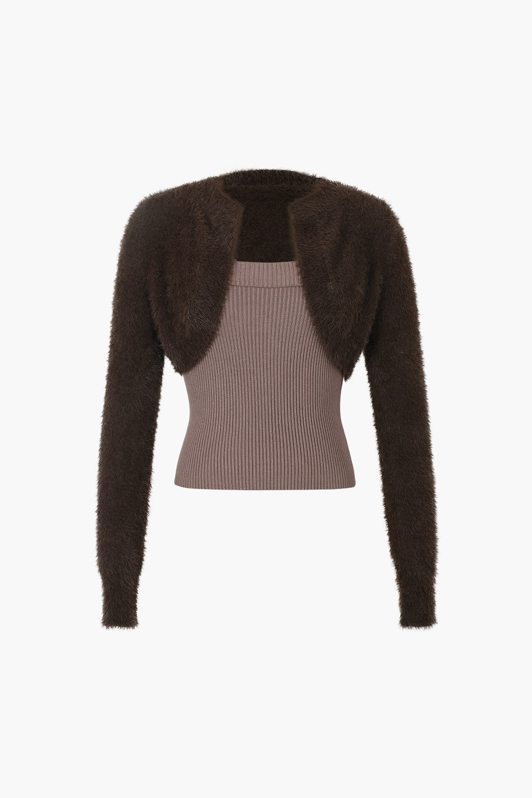 Fuzzy Cropped Shrug And Knit Cami Top Set