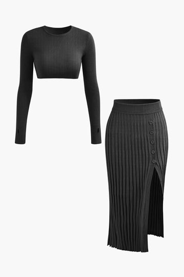Round Neck Long Sleeve Knit Crop Top And Textured Knit Slit Skirt Set