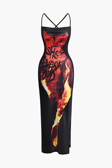 Flame Print Cowl Neck Backless Slit Spaghetti Strap Maxi Dress