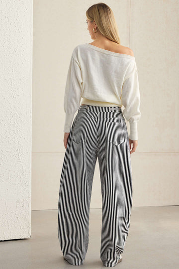 Stripe Print Pocket Drawstring Barrel Trousers