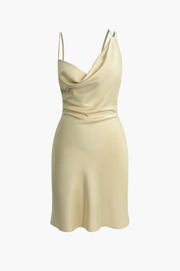 Asymmetrical Cowl Neck Backless Slip Mini Dress