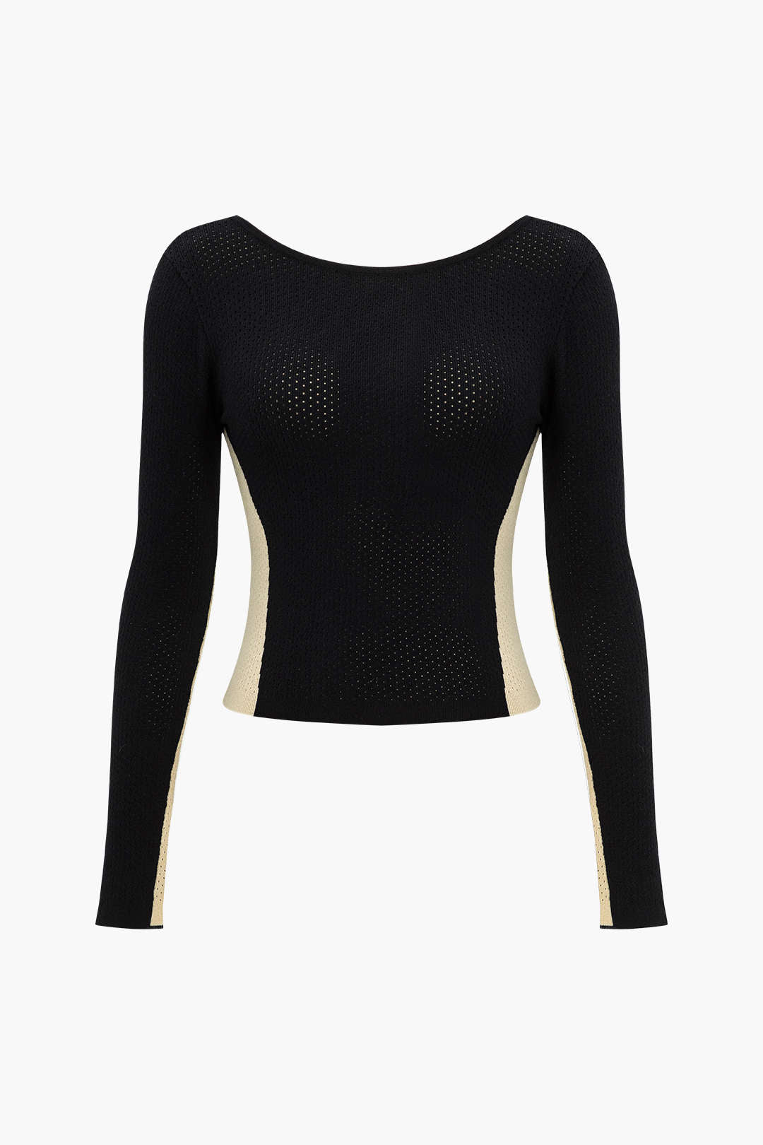 Contrast Knit Backless Patchwork Long-Sleeve Top