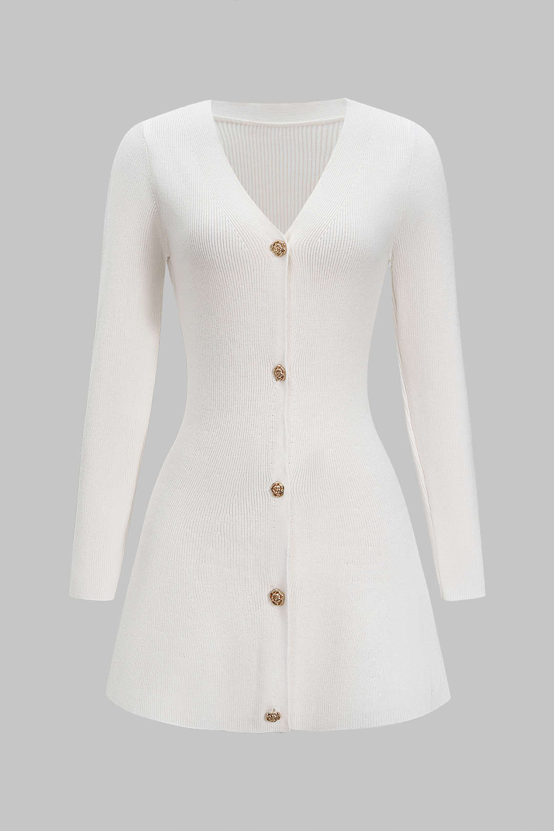 Knit Metallic Button V-Neck Long Sleeve Dress