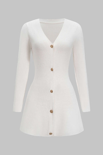 Knit Metallic Button V-Neck Long Sleeve Dress