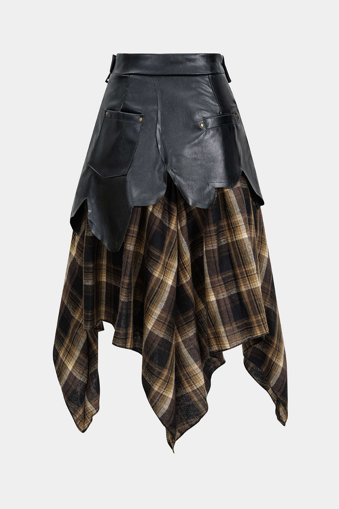 Color Block Plaid Print Faux Leather Patchwork Tie-Up Asymmetrical Pocket Skirt