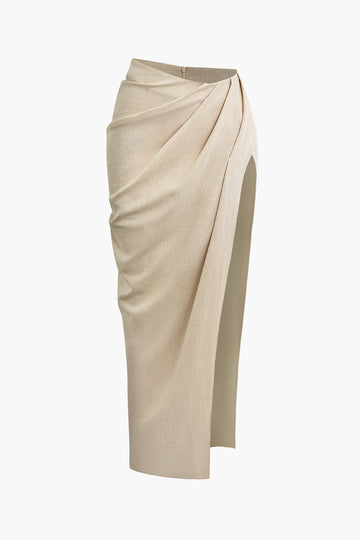 Linen Asymmetric Ruched Slit Midi Skirt