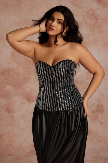 Plus Size Sequin Zipper Lace Up Corset Tube Top